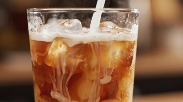 inematic high speed video of milk pouring into a glass of iced coffee