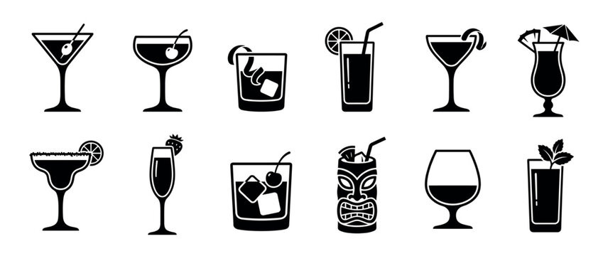 Cocktail glasses and drinks icon set featuring various alcoholic beverages with garnishes, perfect for bar menus, party invitations, and restaurant designs.