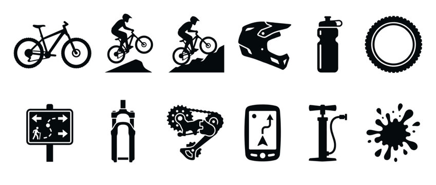 Mountain biking icons set featuring various elements like bicycles, riders, helmet, gear, and accessories for outdoor sports and adventure.
