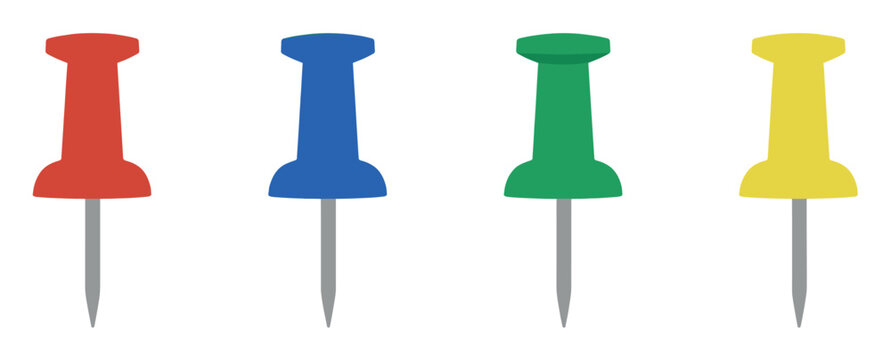 Colorful pushpins in a row, including red, blue, green, and yellow office supplies for organization and display.