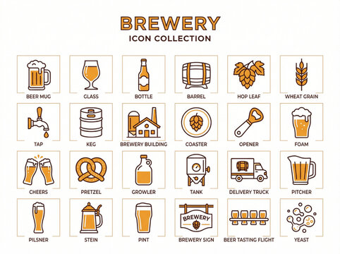 A complete set of twenty-four professional brewery and beer manufacturing icons featuring craft brewing equipment and beverage symbols in a modern orange line-art style