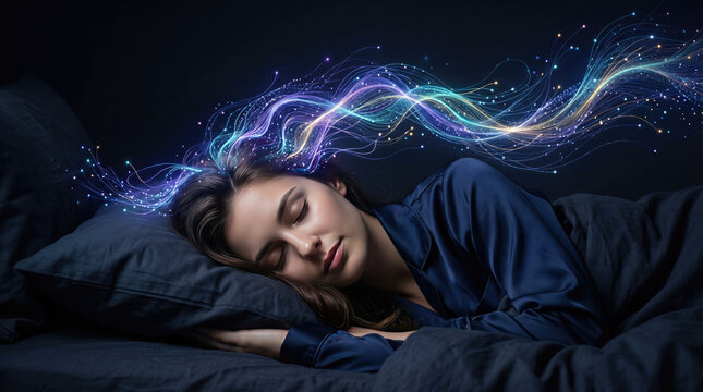 Brain sleep relaxation mindful meditation waves concept. A serene woman peacefully dreaming in a tranquil environment.