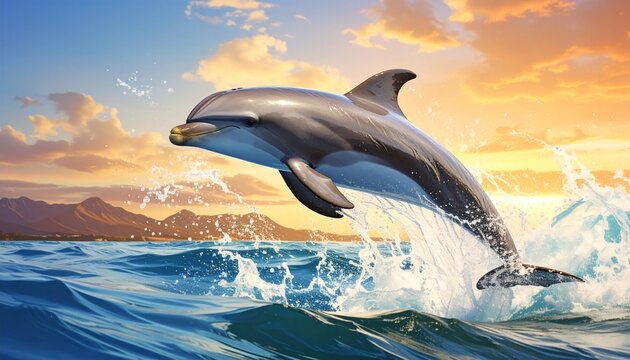 Dolphin leaping from ocean waves against a colorful sky.