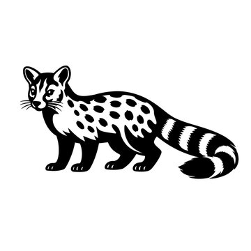 Black and white illustration of a binturong or bearcat standing on white background