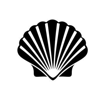 Black silhouette of an open scallop shell on white background