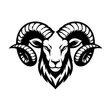A black and white illustration of a ram's head with large curved horns on a white background