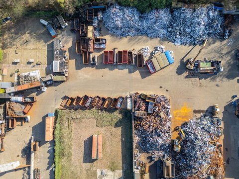 Aerial view of metal scrapyard recycling facility in Rotselaar, Belgium