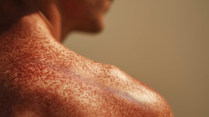 Naklejka premium Close-up of sunburned skin on shoulder with redness and irritation, illustrating UV damage, skincare concerns, and summer health risks.