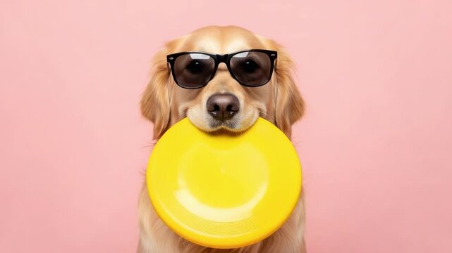 Golden retriever dog wearing sunglasses holds yellow frisbee in mouth against a pink background, showcasing playful demeanor and vibrant colors