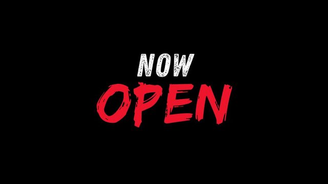 Now Open animated text on black background, grand opening announcement title typography animation for business launch, shop opening and promotional marketing video