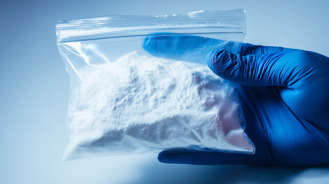 Angled close-up of white powder in sealed plastic bag held by gloved hand, symbolizing forensic analysis, drug control, and law enforcement evidence.