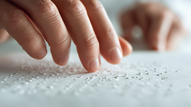Close-up of fingers reading braille text on paper, accessibility and inclusion concept, education for visually impaired.