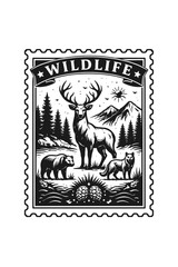 Obraz premium Black and white wildlife stamp with deer bear and wolf in forest landscape with mountains