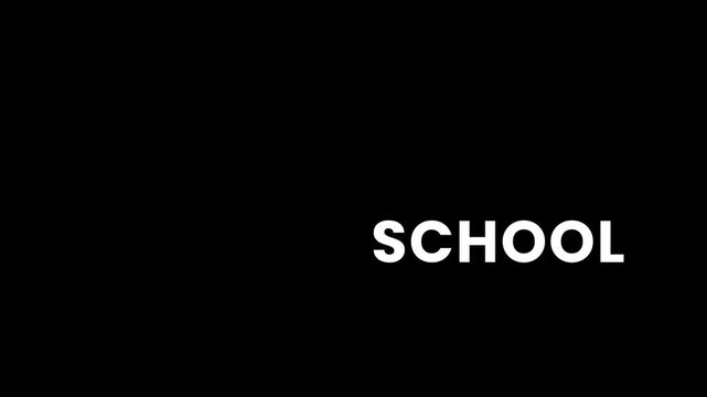 Back to School animated text on black background, education season title, school reopening message typography animation for students, classroom and academic promotion