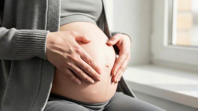 Pregnant woman gently caresses her rounded belly while sitting by a sunlit window, wearing comfortable gray clothing in a cozy indoor setting