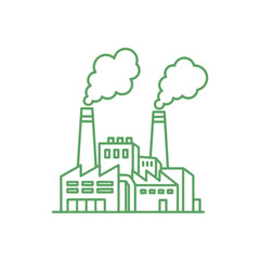Fototapeta premium Green factory building with smoking chimneys line art icon
