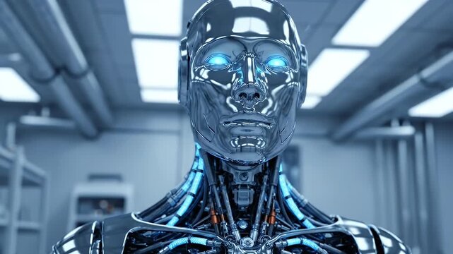 A shiny metallic robot with blue glowing eyes stands in a laboratory setting with pipes and machinery in the background, looking futuristic and advanced