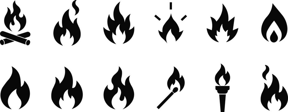 Set of flame and fire icons featuring various shapes and intensities representing heat energy and warmth isolated on transparent background.