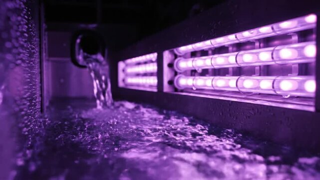 Interior of UV Disinfection Vessel with Glowing Purple Lamps and Clear Flowing Water