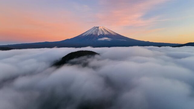 Cinematic FPV drone rising slowly above moving clouds to reveal Mount Fuji