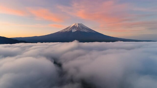 Cinematic FPV drone rising slowly above moving clouds to reveal Mount Fuji