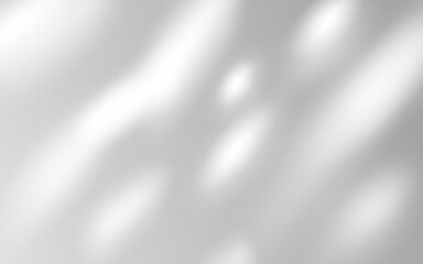 Naklejka na ściany i meble Natural light and shadow overlay on white wall background. Sunlit tree leaves cast soft dappled pattern through window - elegant gobo texture for product photography with botanical silhouette element