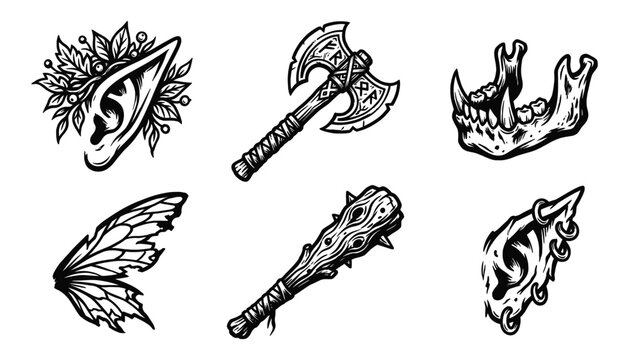 Fantasy RPG adventure icons featuring creature parts and medieval weapons in hand drawn style