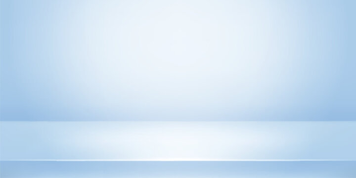 Empty studio background with soft blue gradient wall and empty limbo floor for product display. Minimal 3D room scene with clean podium platform and gentle light for photography showroom mockup.