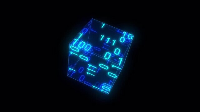 回転しながら0と1が点滅するキューブ、4K画質、背景透過のループ映像素材
