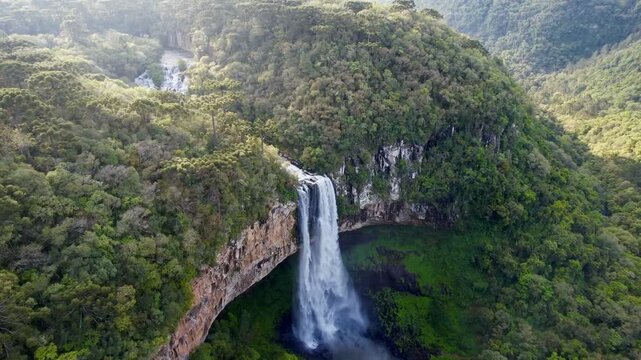 Drone flyover of waterfall in Atlantic forest canyon in Serra Gaucha southern Brazil