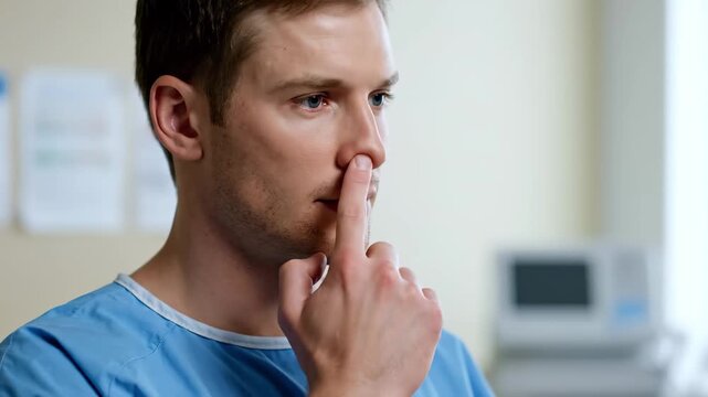 A male patient in a blue medical gown engages in a moment of mindfulness, signaling his desire for calm.