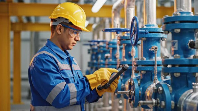male engineer checks valves with digital tablet in factory, wearing yellow hard hat and safety glasses, monitoring pipelines, industry, manufacturing, inspection, safety, maintenance