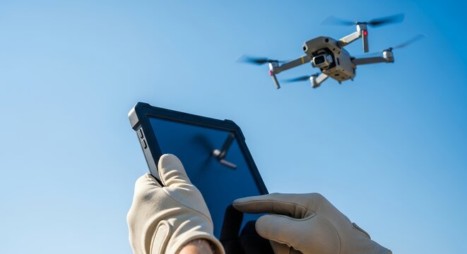 Hands hold tablet, controlling drone against clear blue sky. Drone hovers, showing modern aerial technology in action. Device and drone are central, indicating remote operation