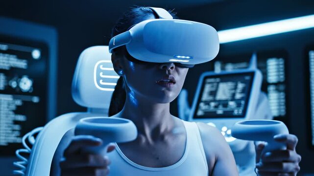 In a high-tech environment, a focused individual engages in a captivating virtual reality experience, wearing a sleek VR headset while grasping intuitive controllers.