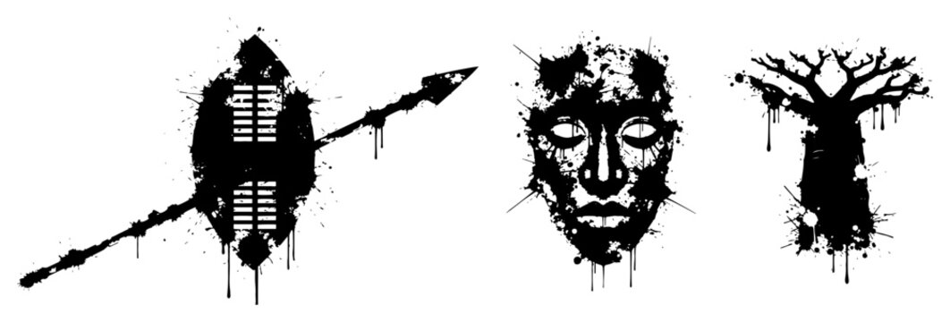 African tribal mask shield and baobab tree icons with ink splatters in ethnic style