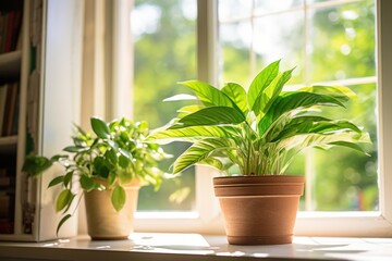 Fototapeta premium Green houseplants thriving in terracotta pots on a bright windowsill