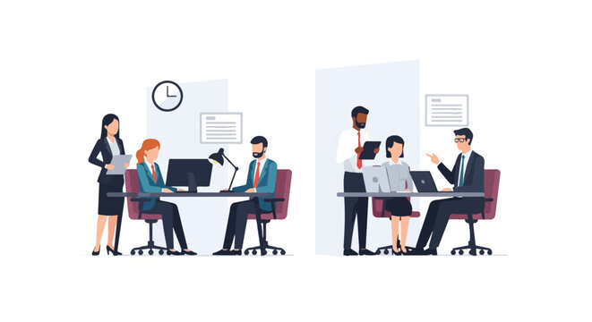Professional employees collaborate in a modern office environment, working at desks with computers and tablets in two distinct groups.