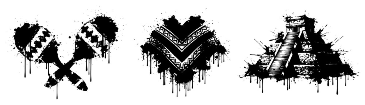 Maracas pyramid and poncho icons with artistic ink drips and Mexican style