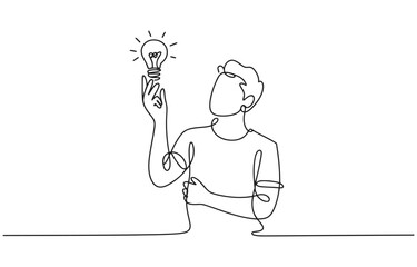 Man holding a glowing light bulb concept of idea generation single line white background inspiration creativity generation illustration thinking brainstorming solution innovation discovery © Stockline