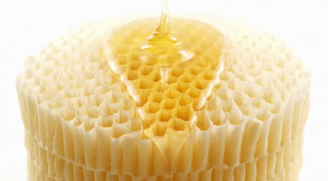 Golden Honey Syrup Dripping on Cylindrical Honeycomb Against a White Background in Bright Studio Lighting