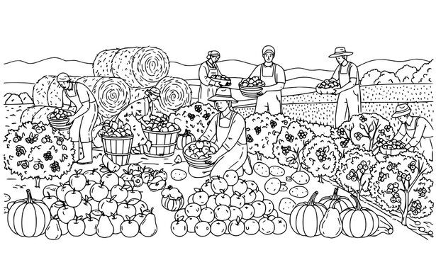 A black and white illustration of people harvesting fruits and vegetables in a field