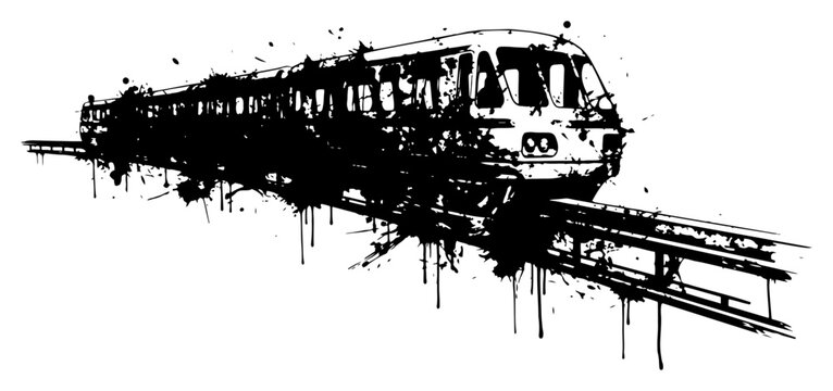Train traveling on tracks with artistic ink splatters and grunge drips