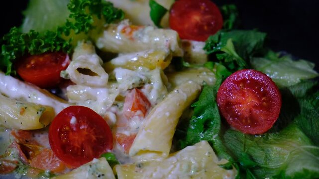 Pasta Tortiglioni with  Bechamel sauce, stewing. Homemade delicious rigatoni with baked tomato, lettuce, arugula and Parmesan Cheese.