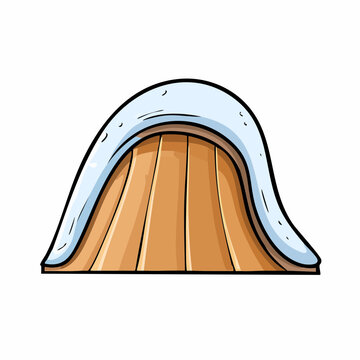 Cartoon illustration of a wooden igloo with a snowy roof and a blue accent.