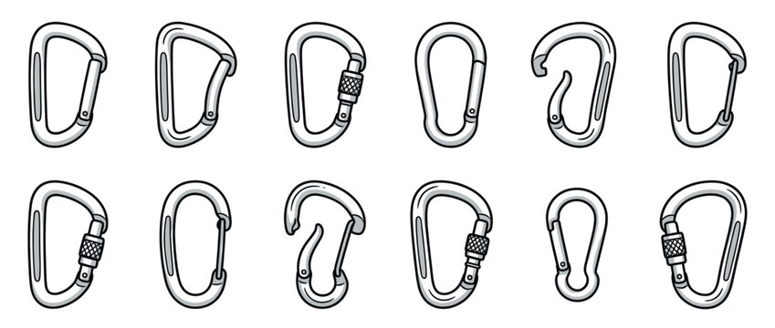 Carabiners collection vector illustration featuring various shapes and types of climbing and safety clips for outdoor activities.