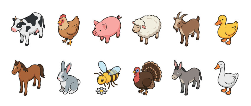 Cute cartoon farm animals and bee collection in an isometric style, perfect for children's books, educational materials, and agricultural themes.