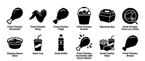 Fried chicken fast food icons collection featuring various chicken parts, combo meals, drinks, and sauces in a simple silhouette style.
