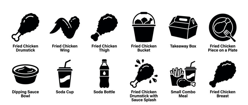 Fried chicken fast food icons collection featuring various chicken parts, combo meals, drinks, and sauces in a simple silhouette style.