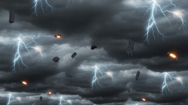 Lightning strikes over a dark stormy sky with parachutists, lightning strike