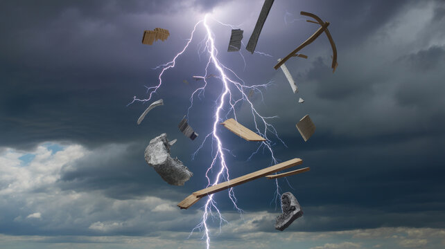 Lightning striking a pile of tools and equipment in a stormy sky with lightning